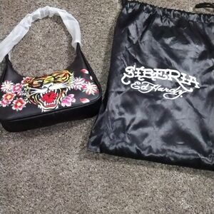 Ed Hardy Black Shoulder Bag with Tiger and Floral Design